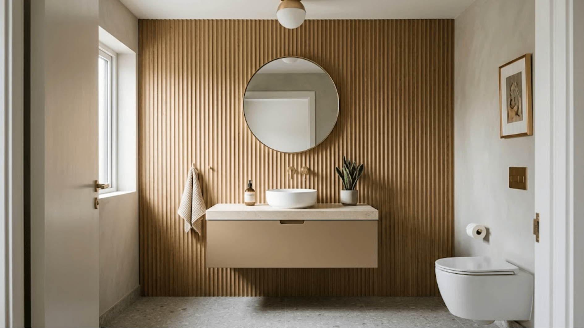 fluted panel accent wall behind a floating vanity in a modern neutral bathroom