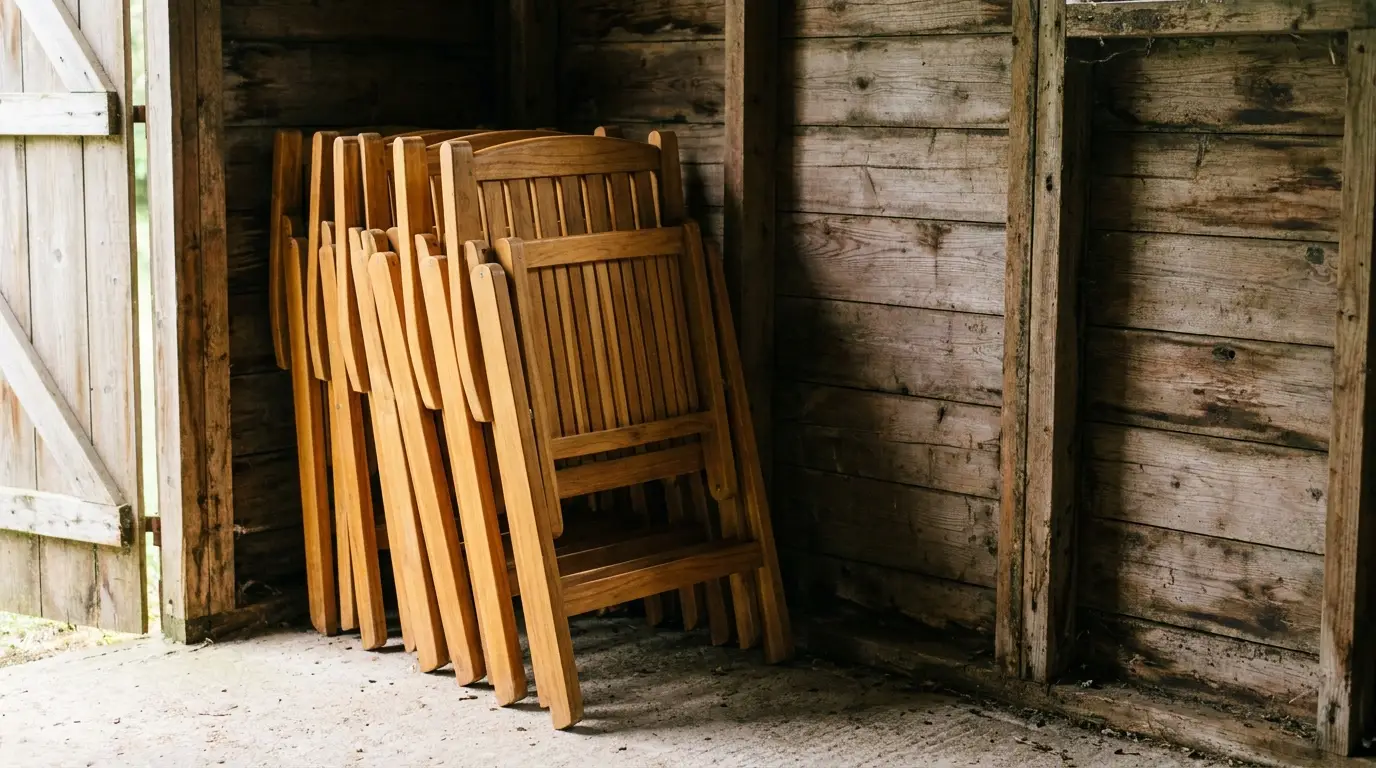 Folded wooden chairs stacked against rustic wooden shed wall