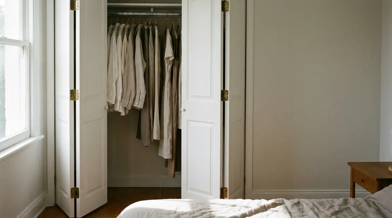 Open bedroom closet with neutral-colored shirts hanging on wooden hangers in soft natural light