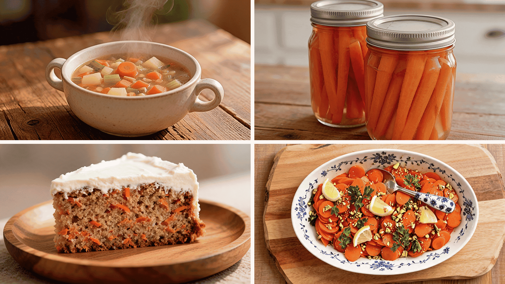 Four carrot dishes: vegetable soup, pickled carrots in jars, carrot cake slice, and glazed carrot salad with lemon