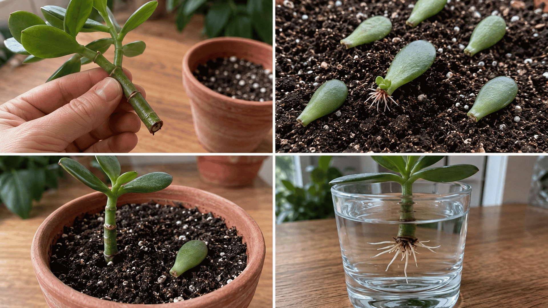 four photos showing jade plant stem and leaf cuttings rooting in soil and water