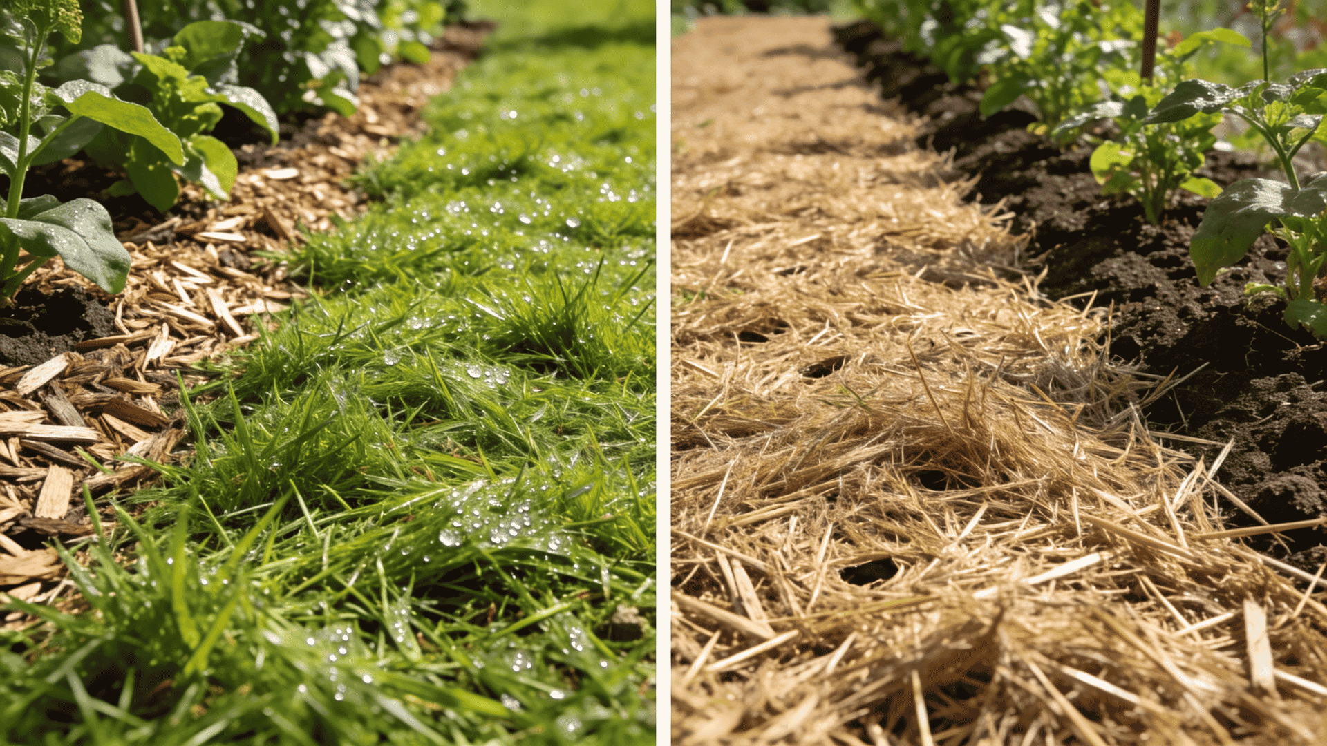 Fresh vs dried grass clippings as mulch comparison showing wet and dry clippings around garden plants.