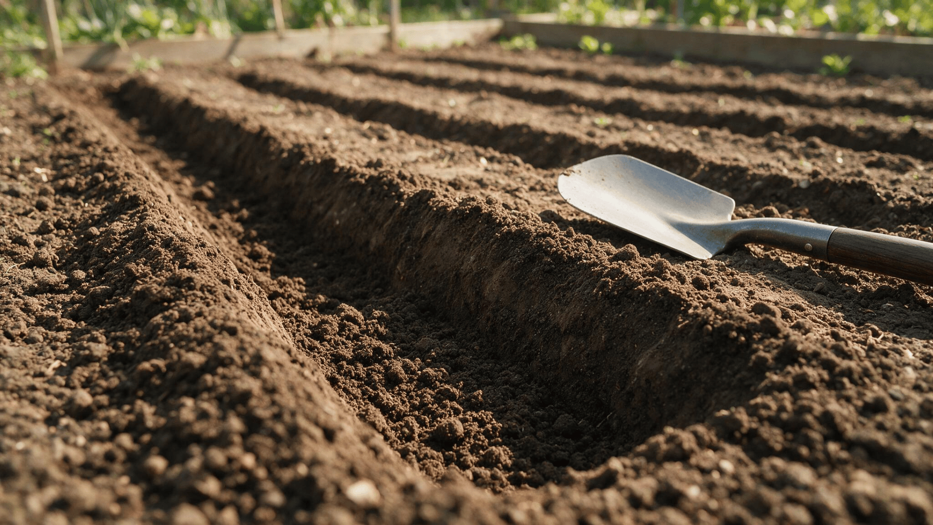 freshly dug asparagus planting trenches in a sunny garden bed with a hand trowel resting on the soil