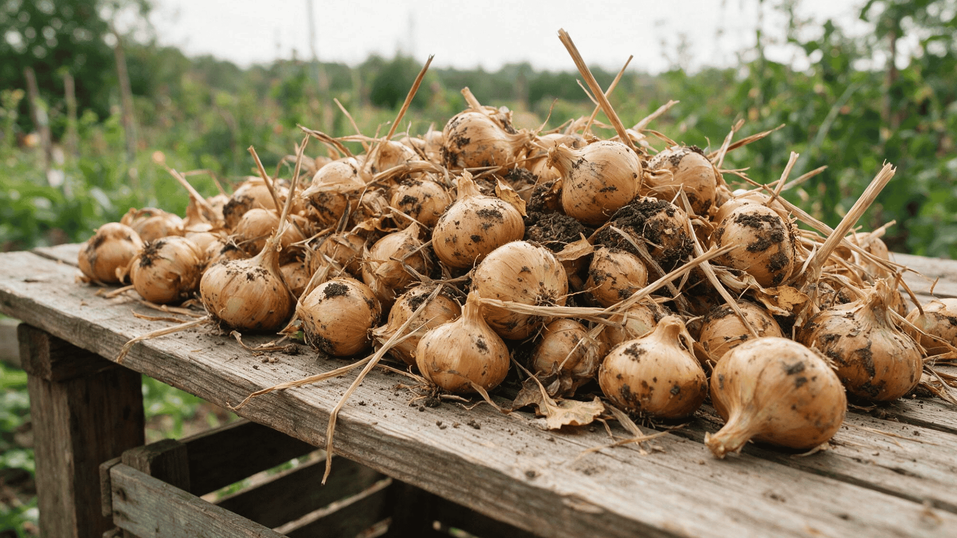 Freshly harvested onions with excess dirt still on the skin