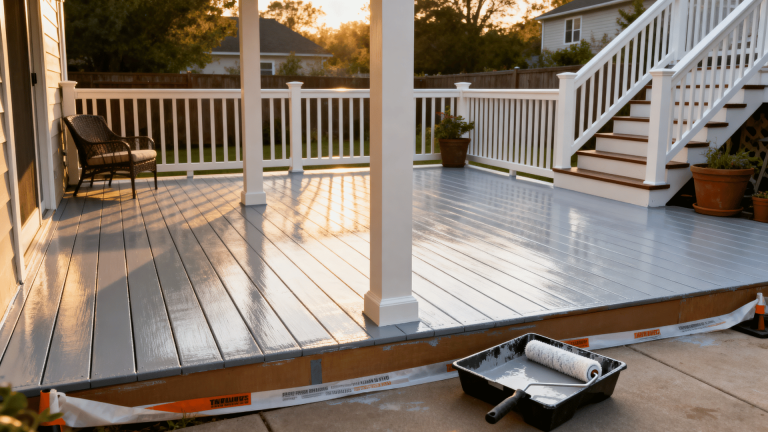 freshly painted gray deck with white railings stairs potted plants chair paint tray and roller at sunset close