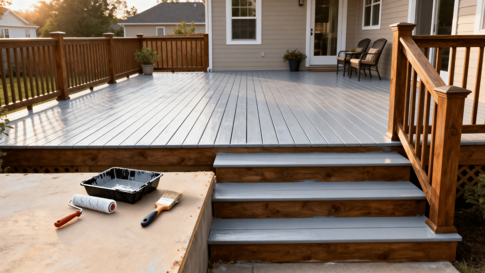 freshly painted gray deck with wooden railings steps seating planters paint tray brushes and rollers at sunset