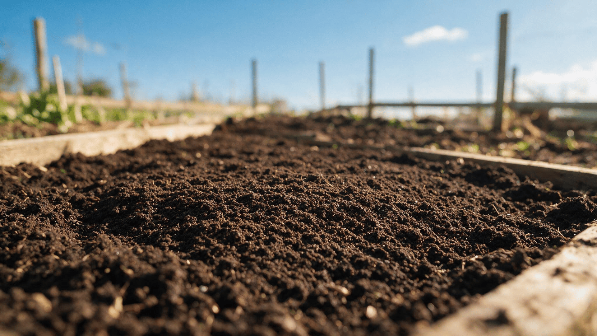 freshly prepared dark garden soil in a raised vegetable bed under bright sunlight with a clear blue sky in the background