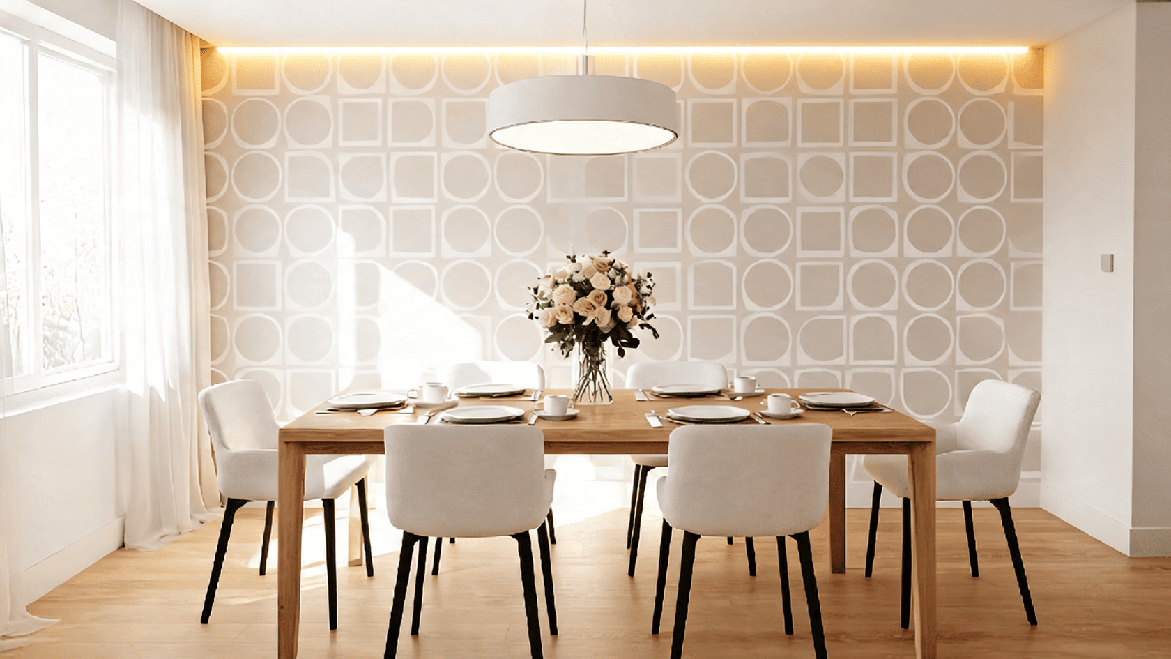 Dining room with white geometric fretwork wall panels, wooden table, white chairs, and pendant light.