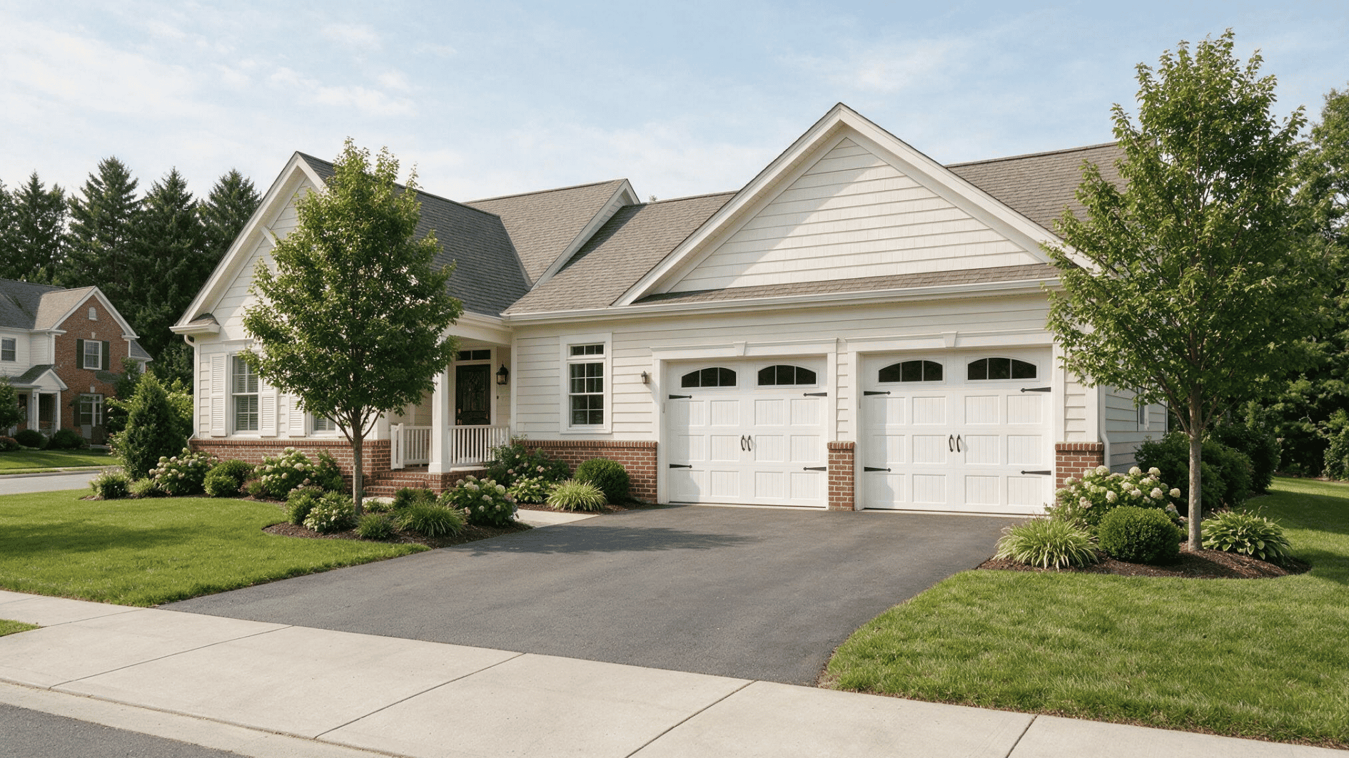front view of a white suburban home with a two car attached garage driveway lawn trees and orderly landscaping