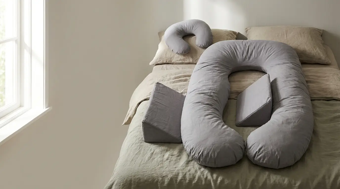 U-shaped body pillow and wedge pillow on a neatly made bed by window