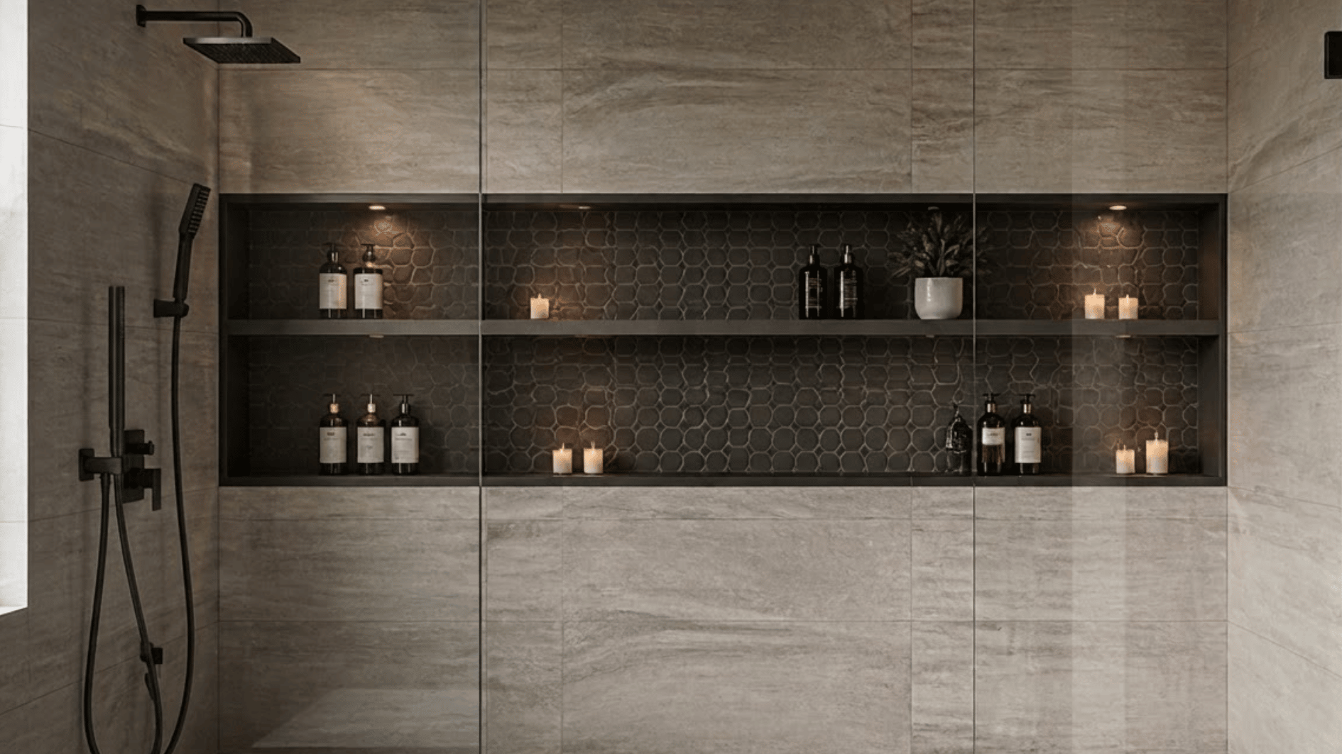 full wall shower niche with built-in shelves, toiletries, and candles inside a modern walk-in shower