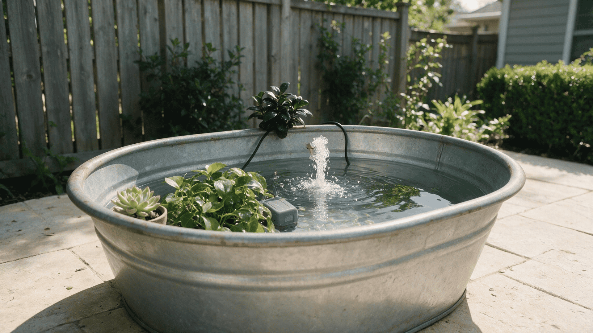 galvanized tub water feature with aquatic plants and a small bubbling pump on a sunny backyard patio