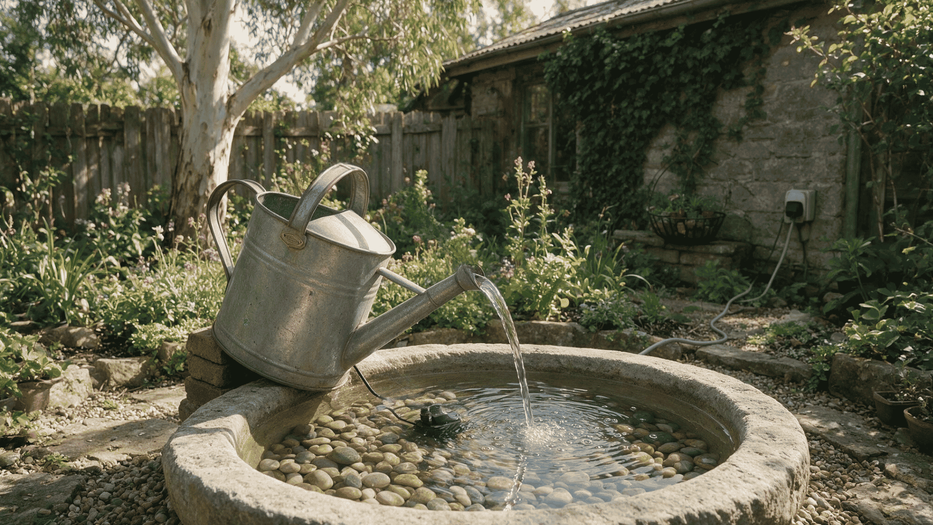 galvanized watering can fountain pouring into stone basin in cottage garden with river rocks outside (5)