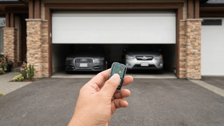 Garage door remote setup showing how to program a garage door opener with a handheld control outside a home