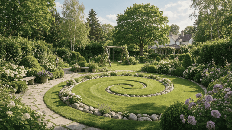 Garden meditation space with a spiral lawn, stone edging, lush greenery, and flowering plants.