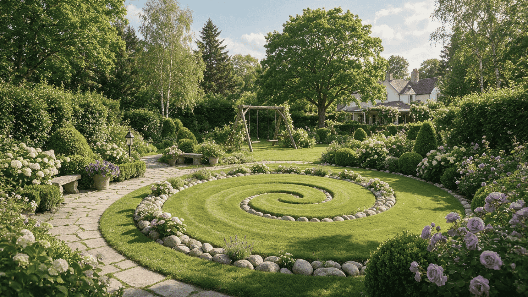 Garden meditation space with a spiral lawn, stone edging, lush greenery, and flowering plants.