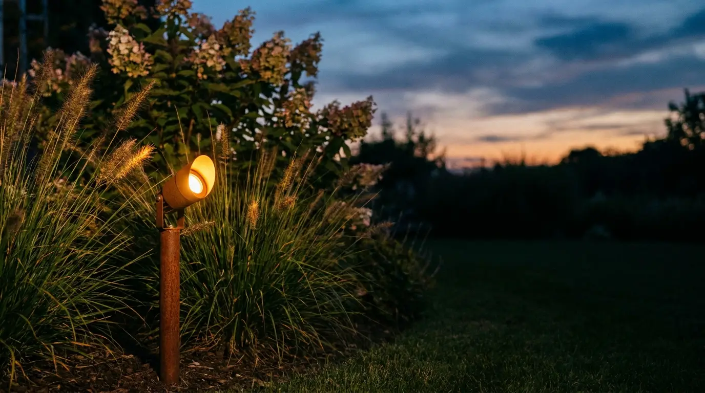 Outdoor garden path light illuminating ornamental grasses at dusk with colorful sky in background