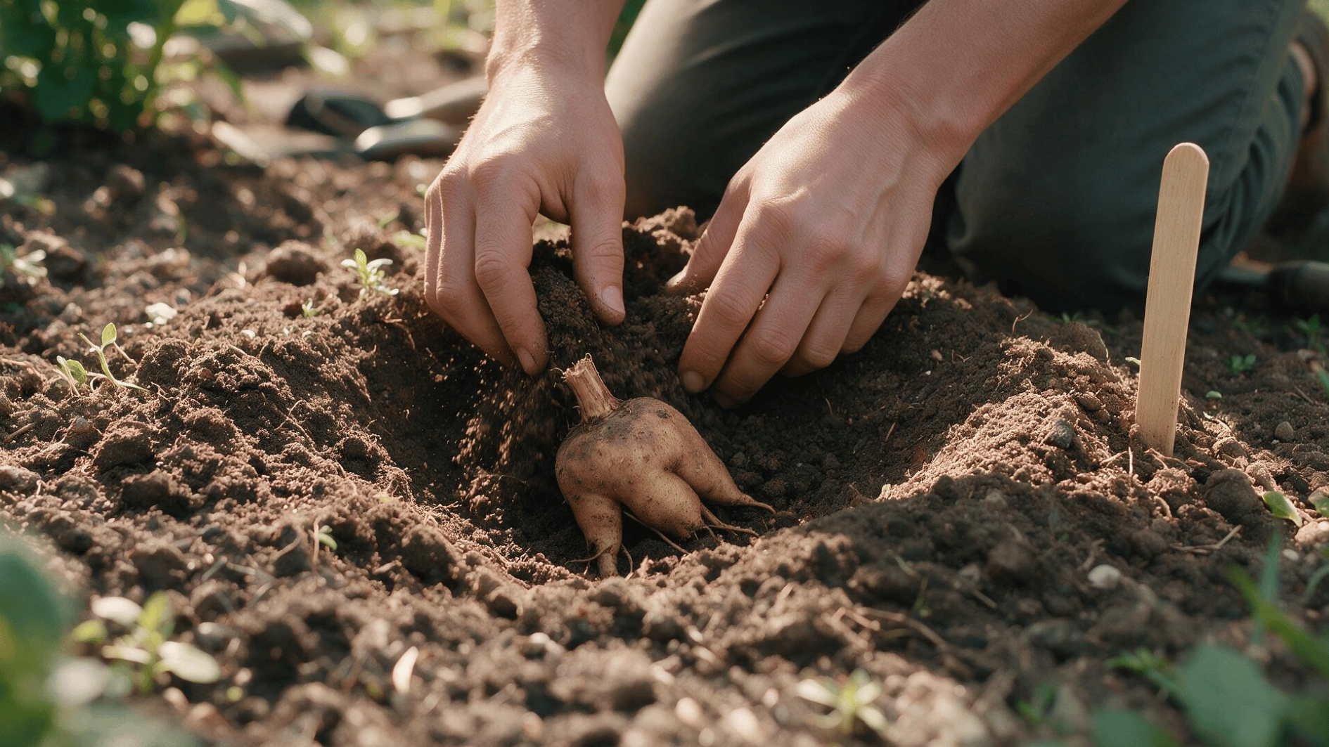 gardener covering planted dahlia tubers with loose soil beside simple wooden markers in a garden bed