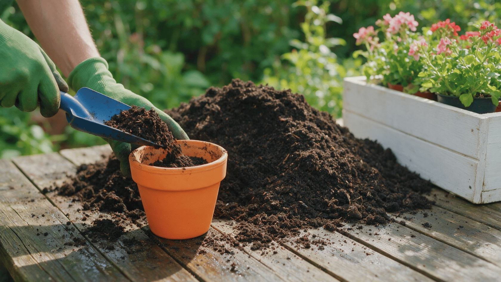 Gardener filling a small pot with rich soil using a hand trowel outdoors.