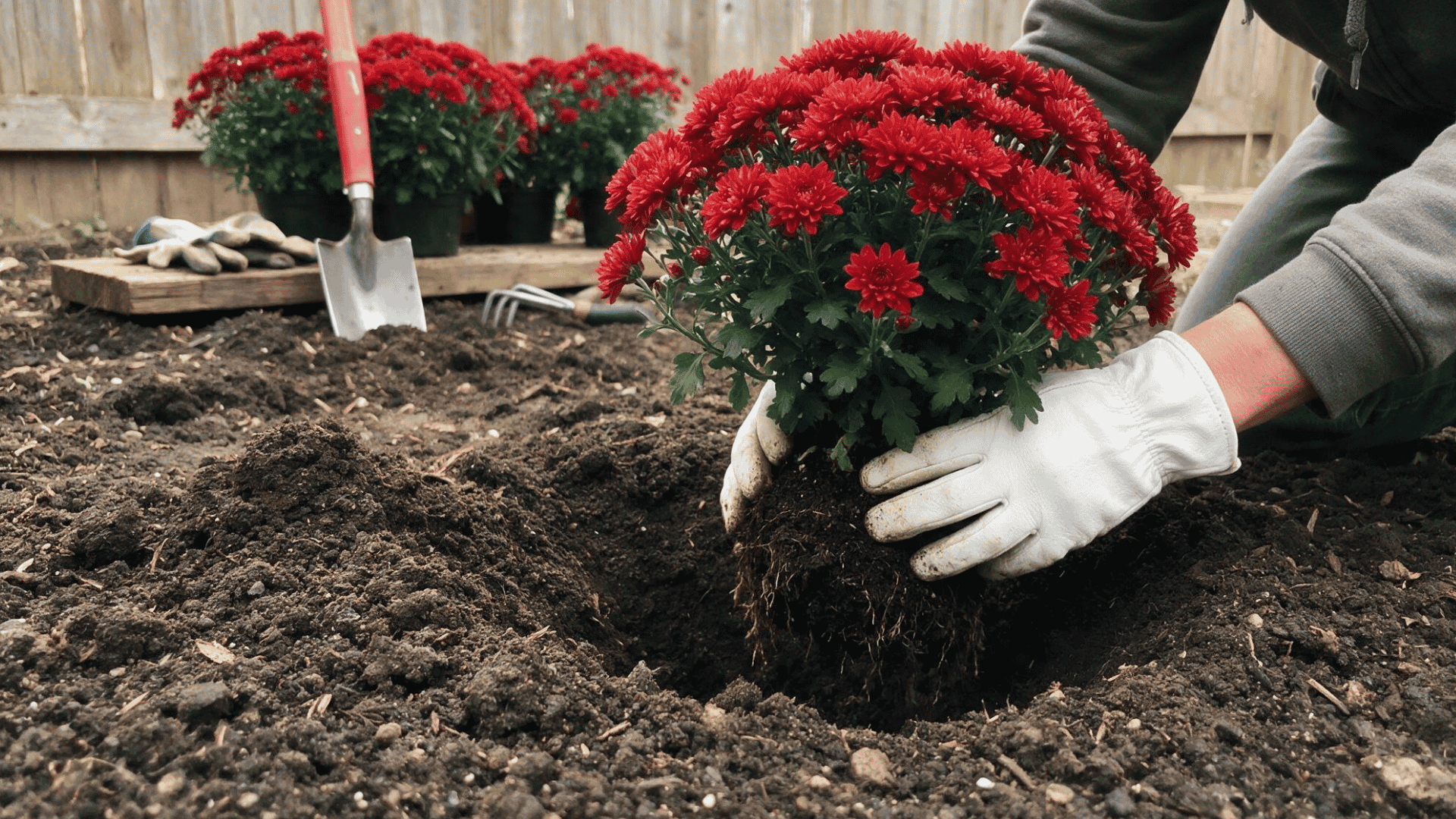 gardener in gloves planting red mums into soil with shovel and rake nearby