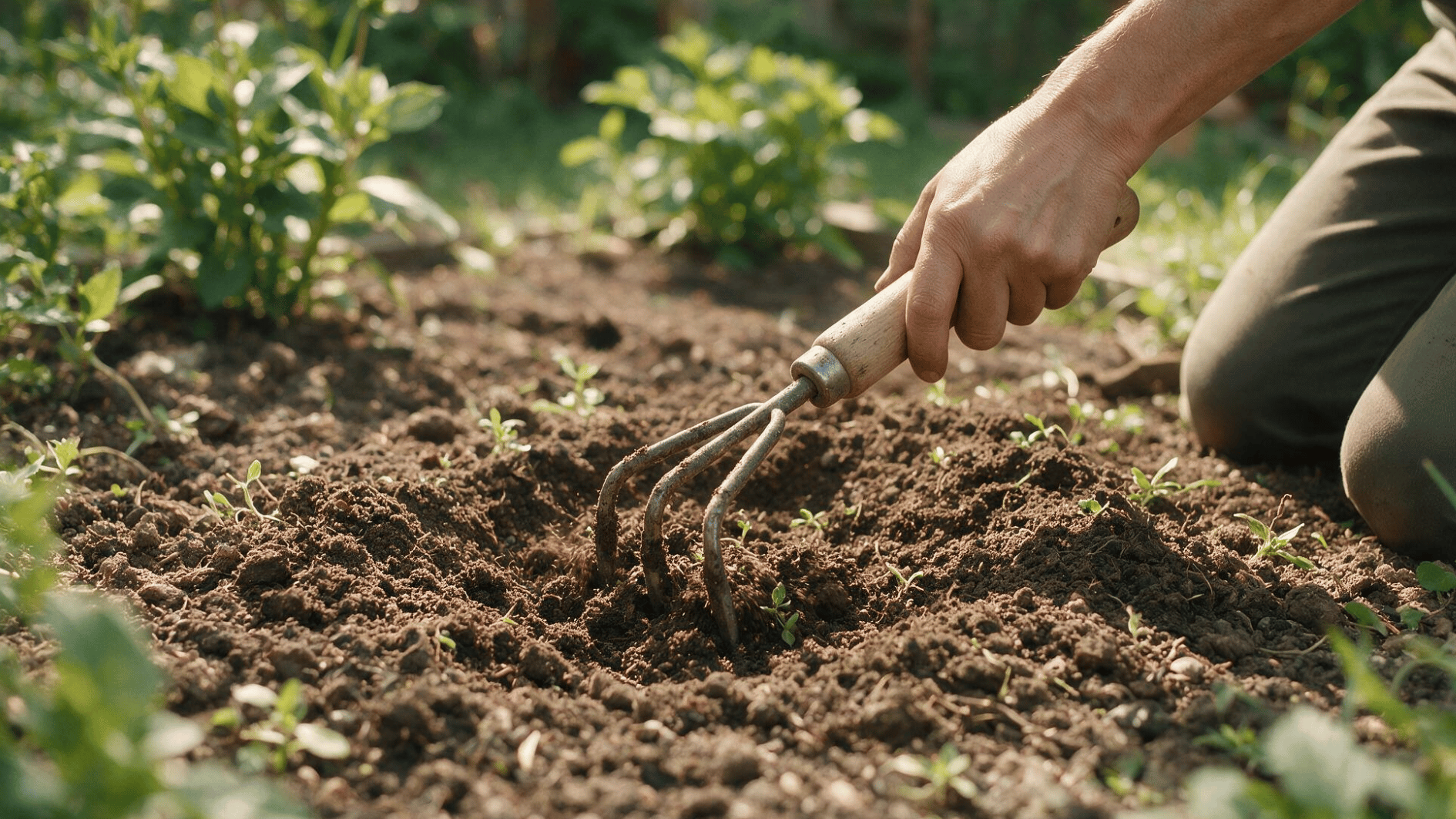 gardener loosening garden soil and clearing weeds to prepare a planting bed for dahlia tubers