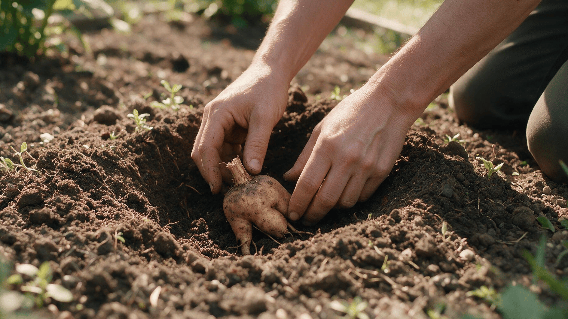 gardener placing a dahlia tuber into a prepared hole in loose garden soil before covering it