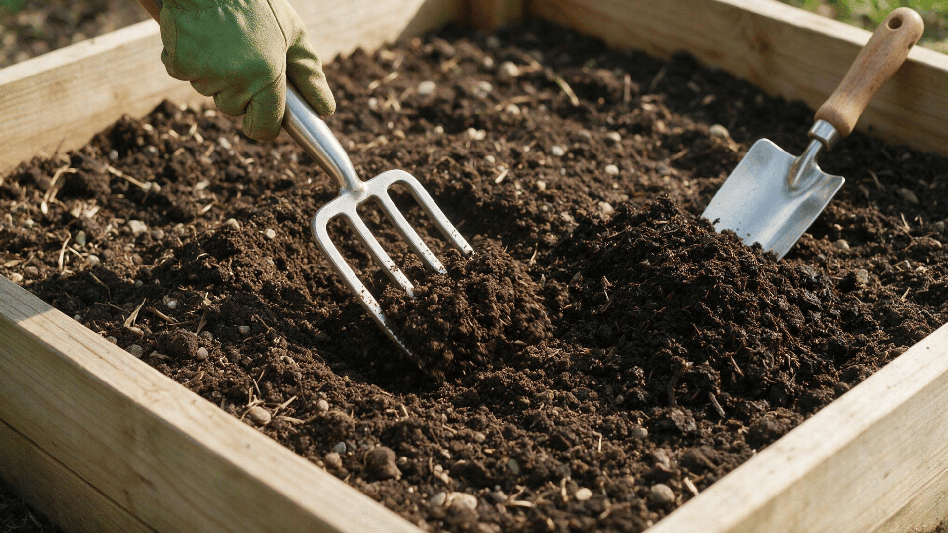 gardener preparing rich soil with compost in a raised garden bed using a hand fork and trowel for planting vegetables