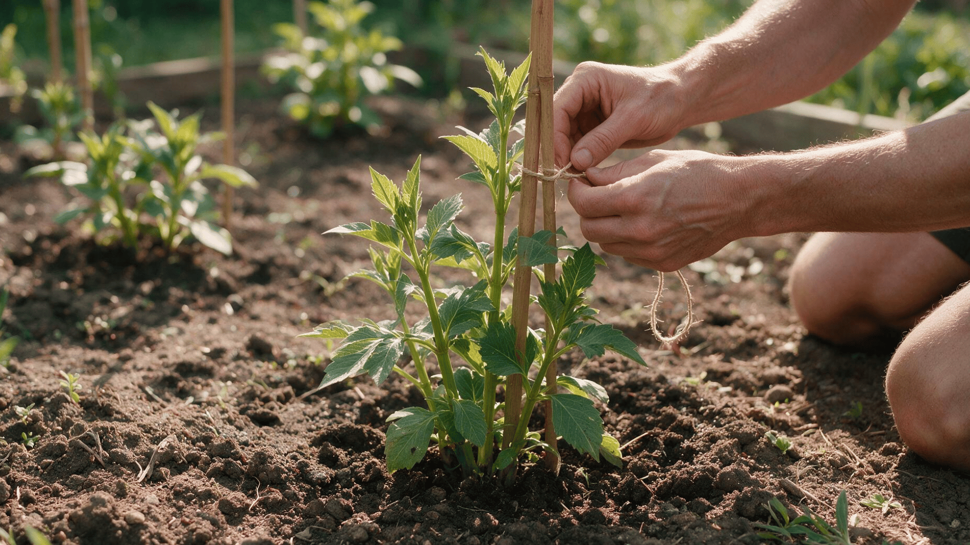 gardener securing a young dahlia plant to a bamboo stake for support as new stems and leaves develop