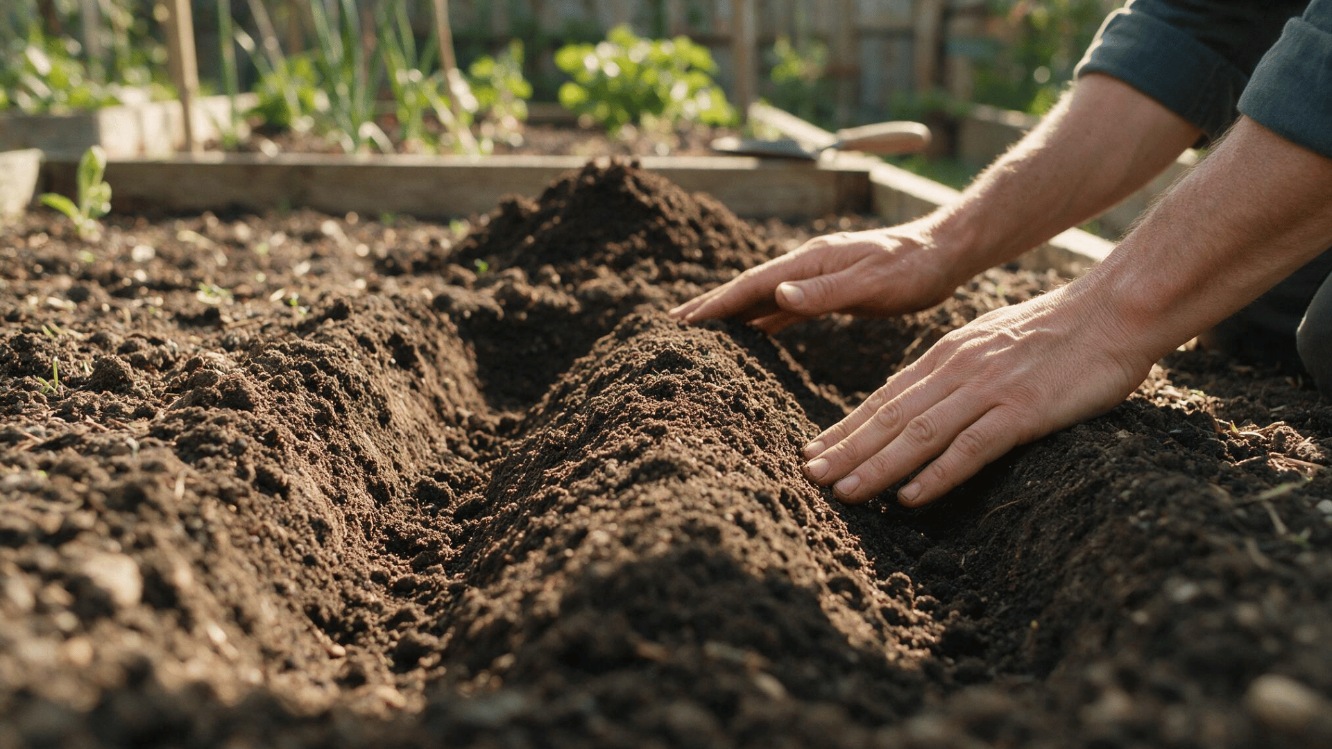 gardener shaping a raised soil ridge inside an asparagus planting trench in a sunny backyard vegetable garden