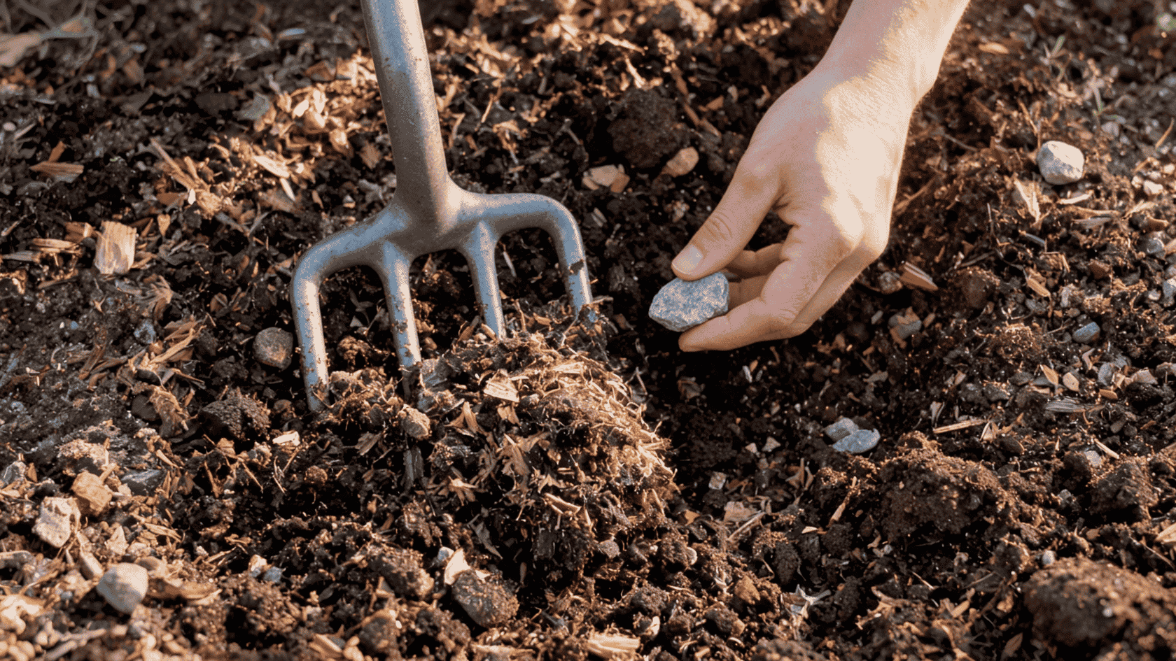 Gardener turning dark, crumbly soil mixed with compost, removing rocks to prepare a bed for planting carrots.