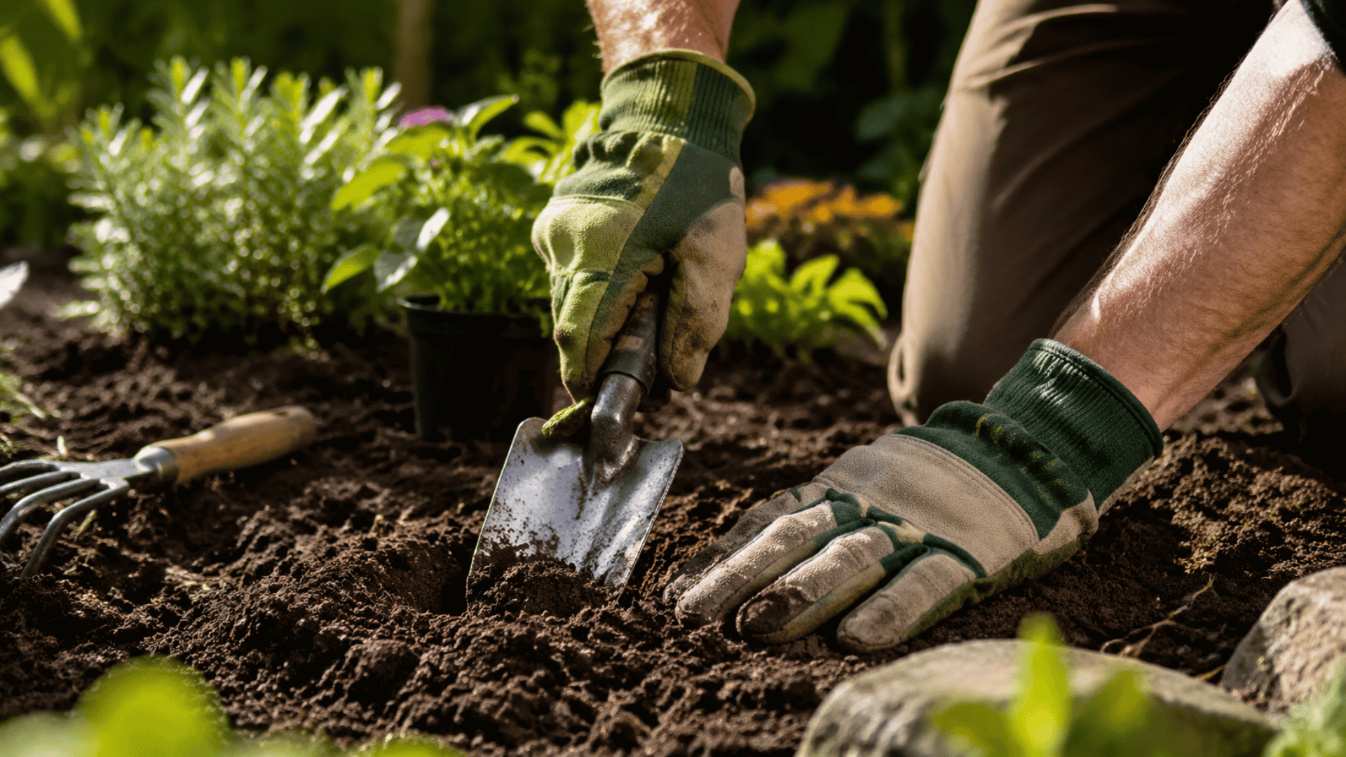 Gardener using the best gardening gloves for digging soil, handling tools, and protecting hands during outdoor work.