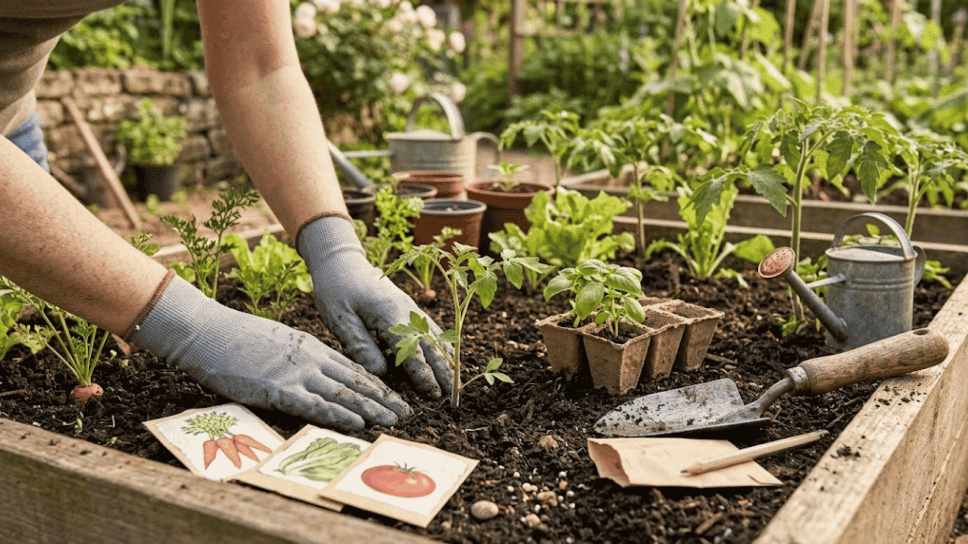 Gardener using the best gardening gloves for planting seedlings and handling plants with better control.