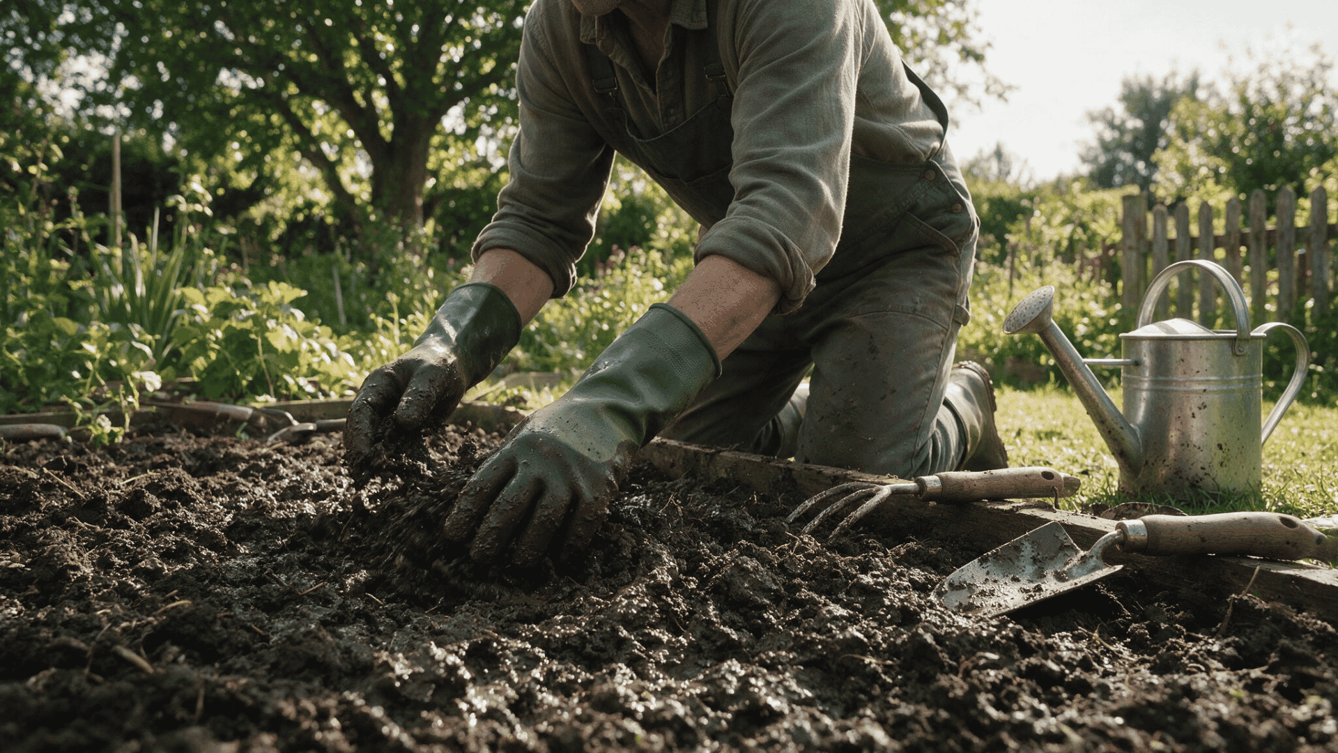 Gardener using the best gardening gloves for wet soil, muddy tasks, and moisture protection outdoors.