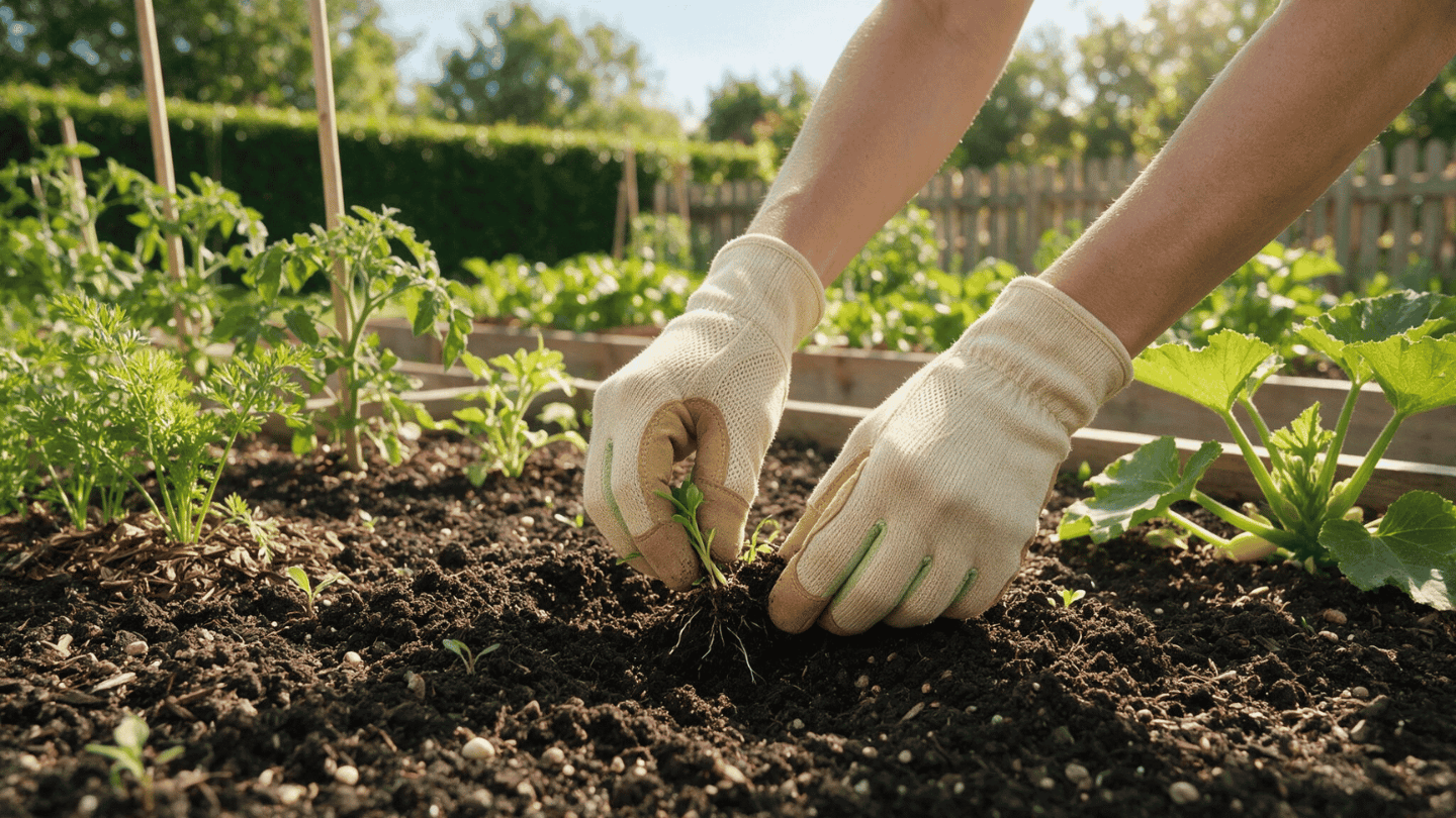 Gardener using the best gardening gloves for weeding plants and protecting hands while working in soil.
