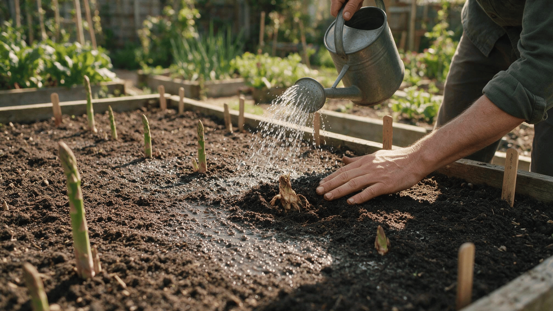 gardener watering newly planted asparagus crowns and young spears in a raised backyard garden bed with a watering can