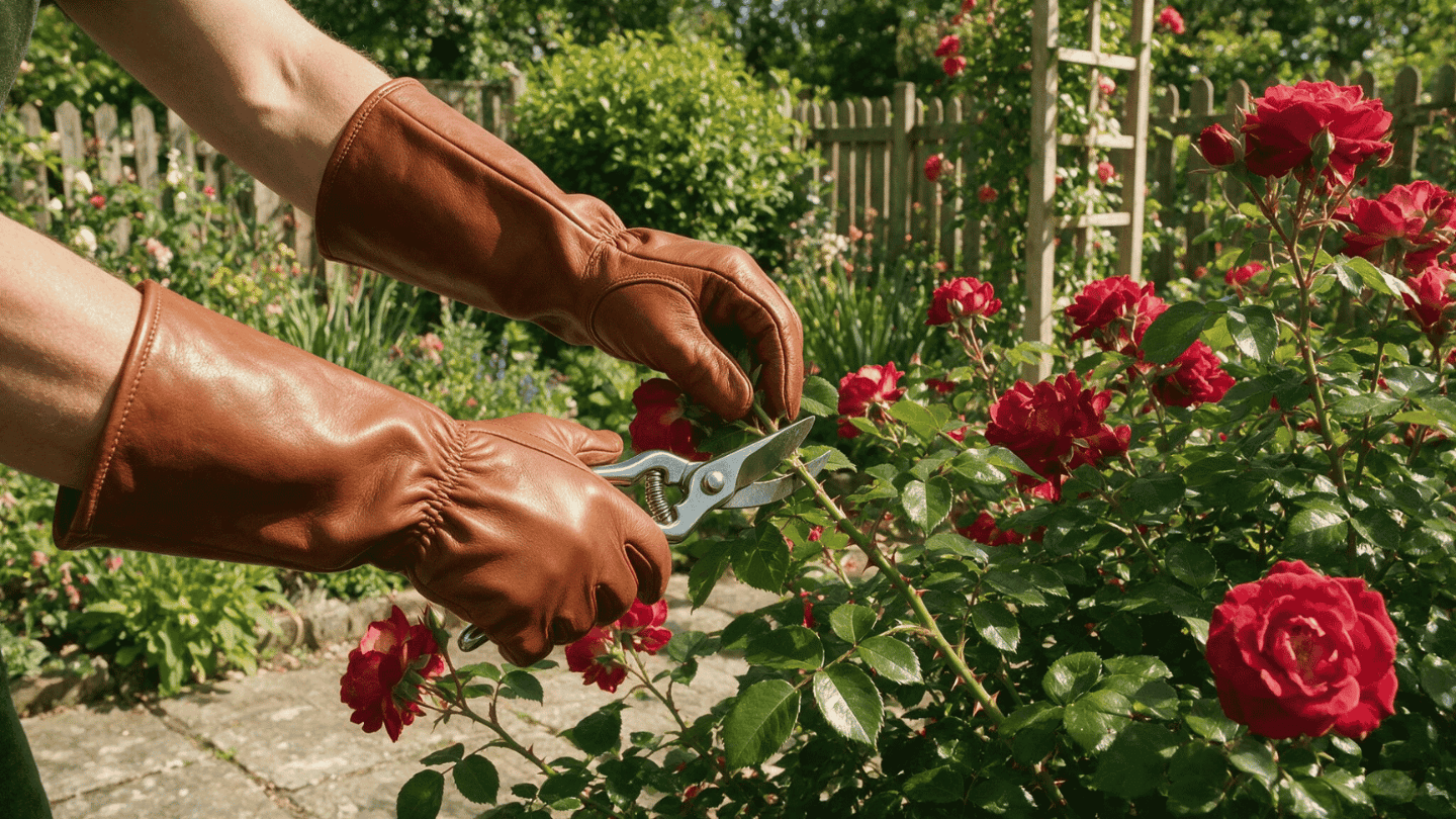 Gardener wearing the best gardening gloves with long cuffs for pruning roses and protecting hands from thorns.