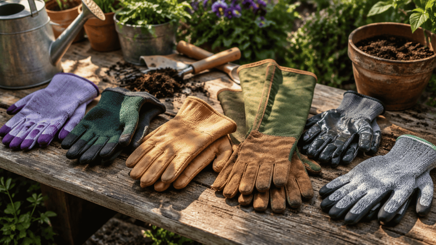 Different styles of the best gardening gloves arranged with tools for planting, digging, and outdoor garden tasks.