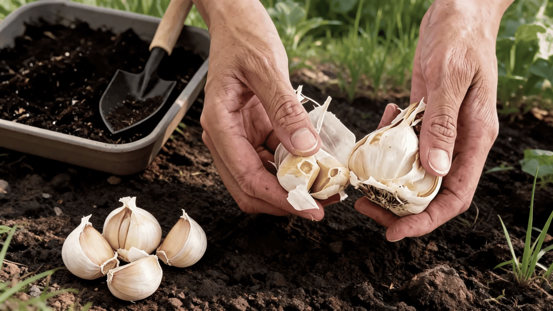 Garlic bulb separated into individual cloves with papery skins kept intact before planting.
