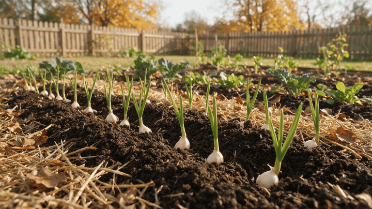 Garlic cloves planted in autumn garden soil with young shoots emerging for a future harvest.