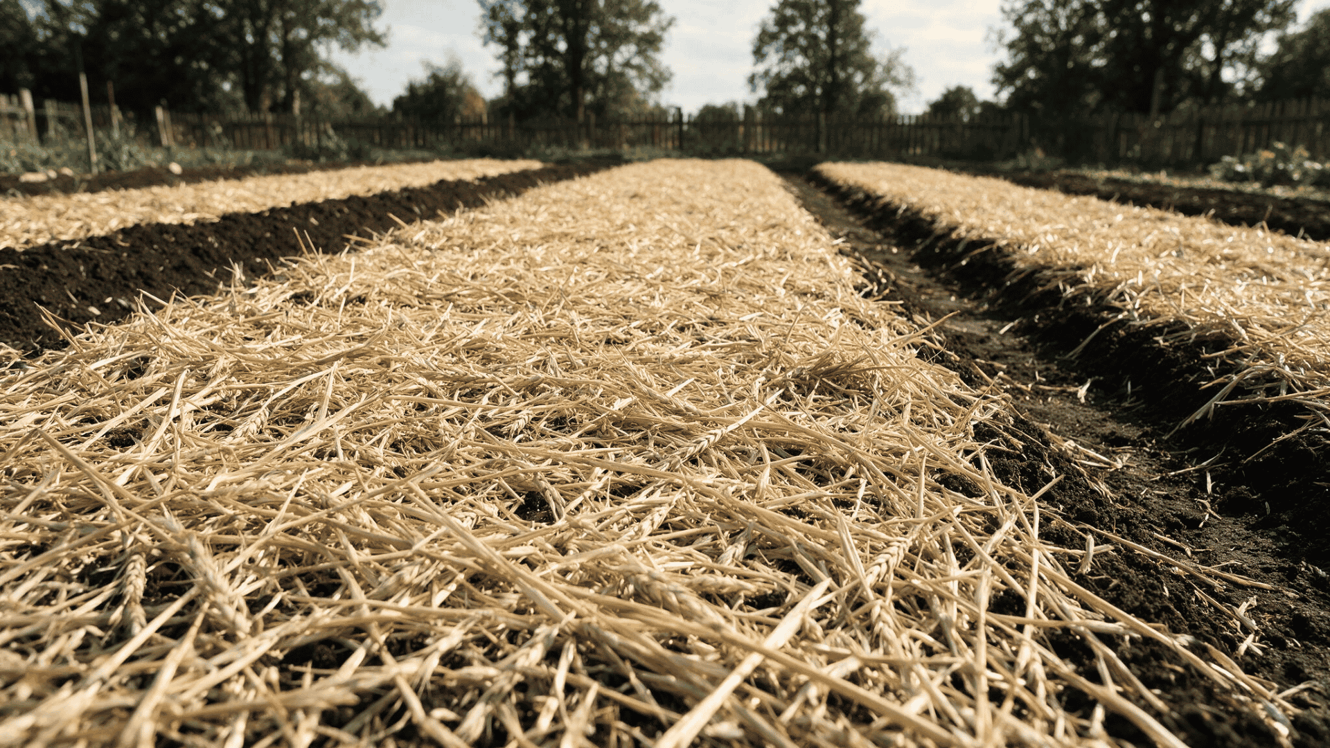 Garlic planting rows covered with straw mulch for winter protection.