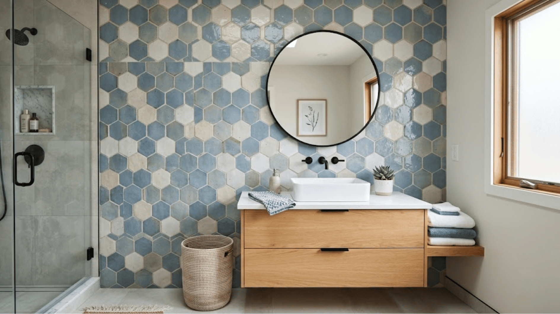 geometric tile accent wall in a modern bathroom with patterned tiles and simple vanity design