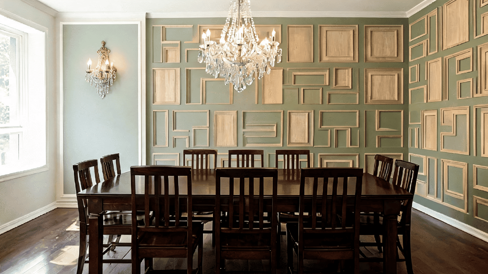 Dining room with geometric wall molding panels, dark wood table, chairs, and chandelier.