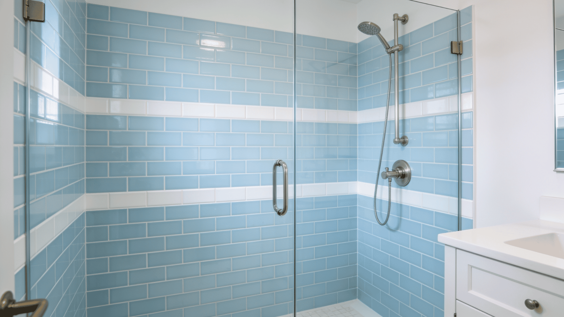 Glass-enclosed shower with light blue subway tile, white accent stripes, and brushed nickel fixtures.