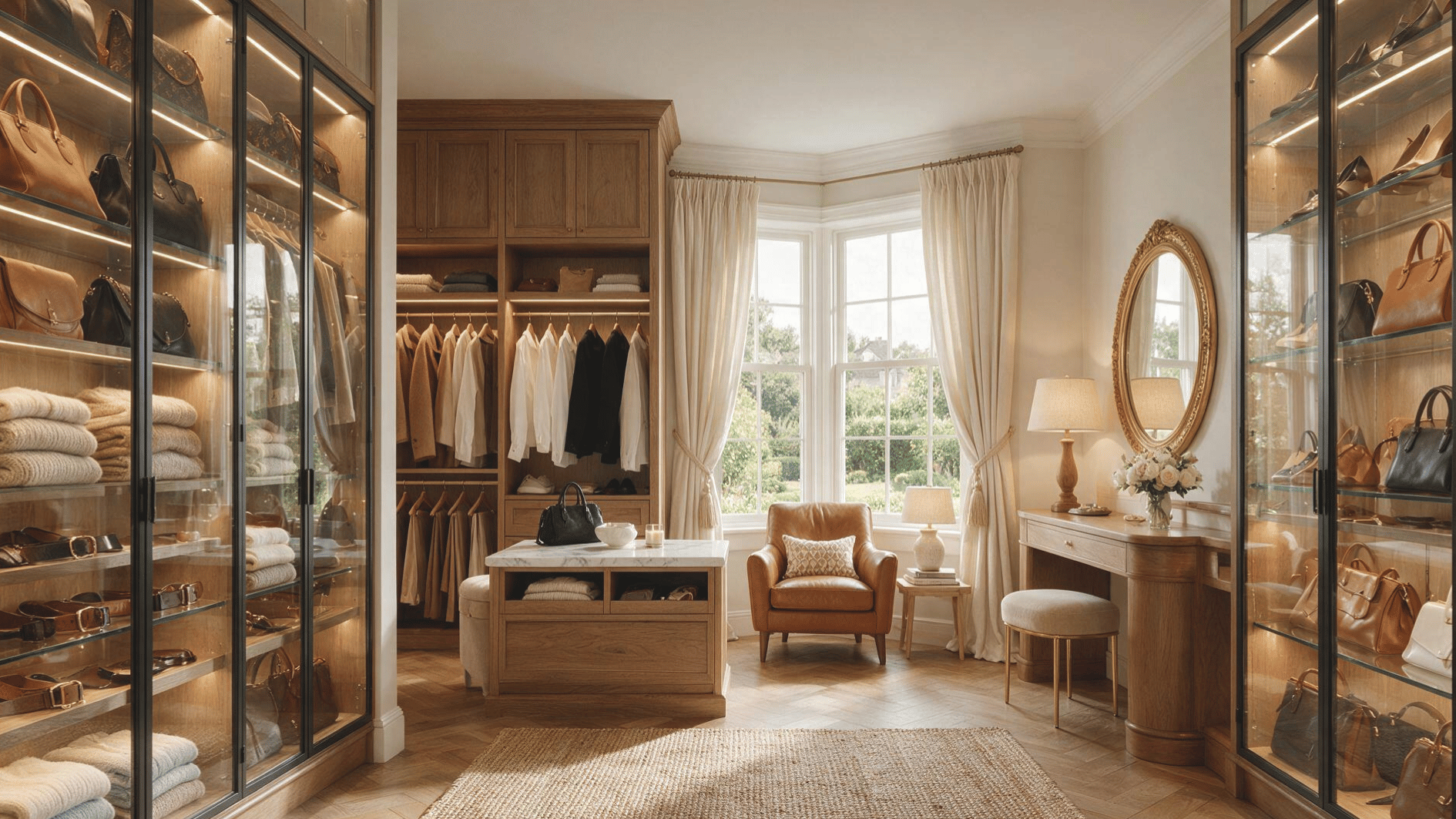 glass front closet cabinet with concealed led lighting displaying handbags shoes and folded clothing