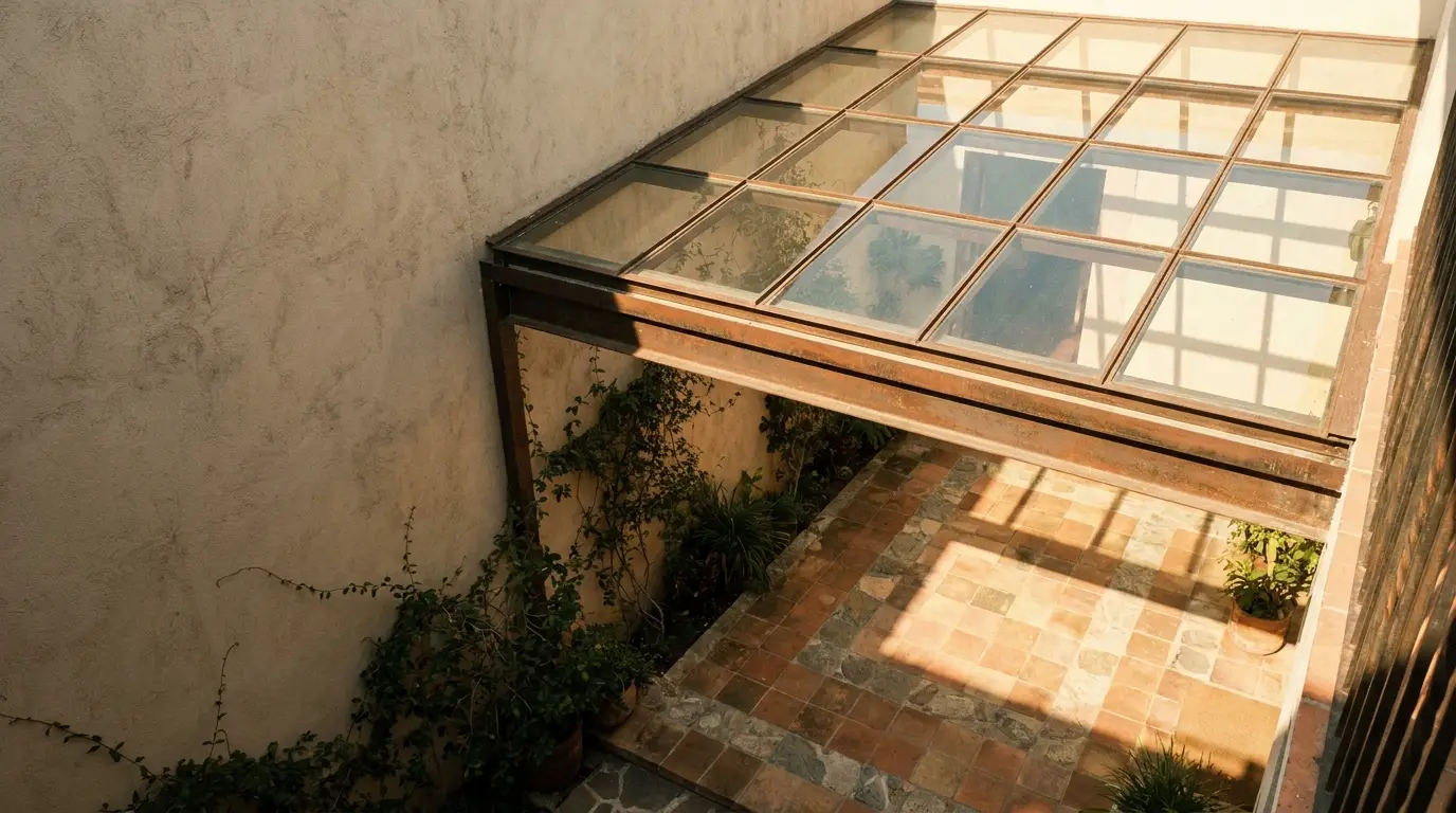 Glass roof and tiled courtyard with potted plants and climbing vines in warm sunlight