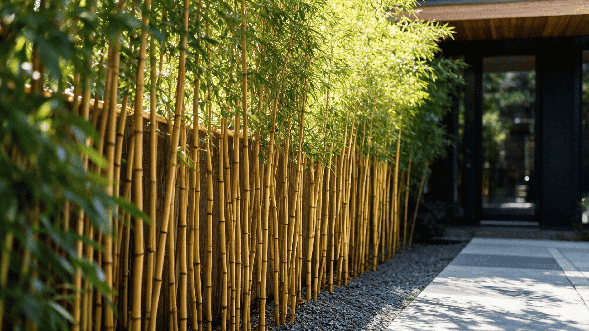 golden bamboo canes form a dense living fence beside a gravel bed and modern paved garden walkway near a house