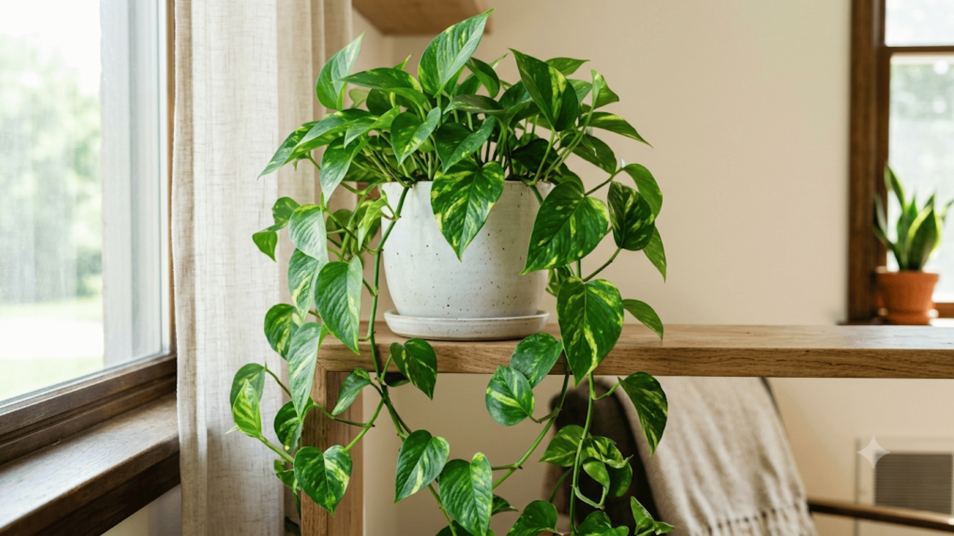 Golden pothos plant with variegated leaves trailing from a white ceramic pot on wooden shelf