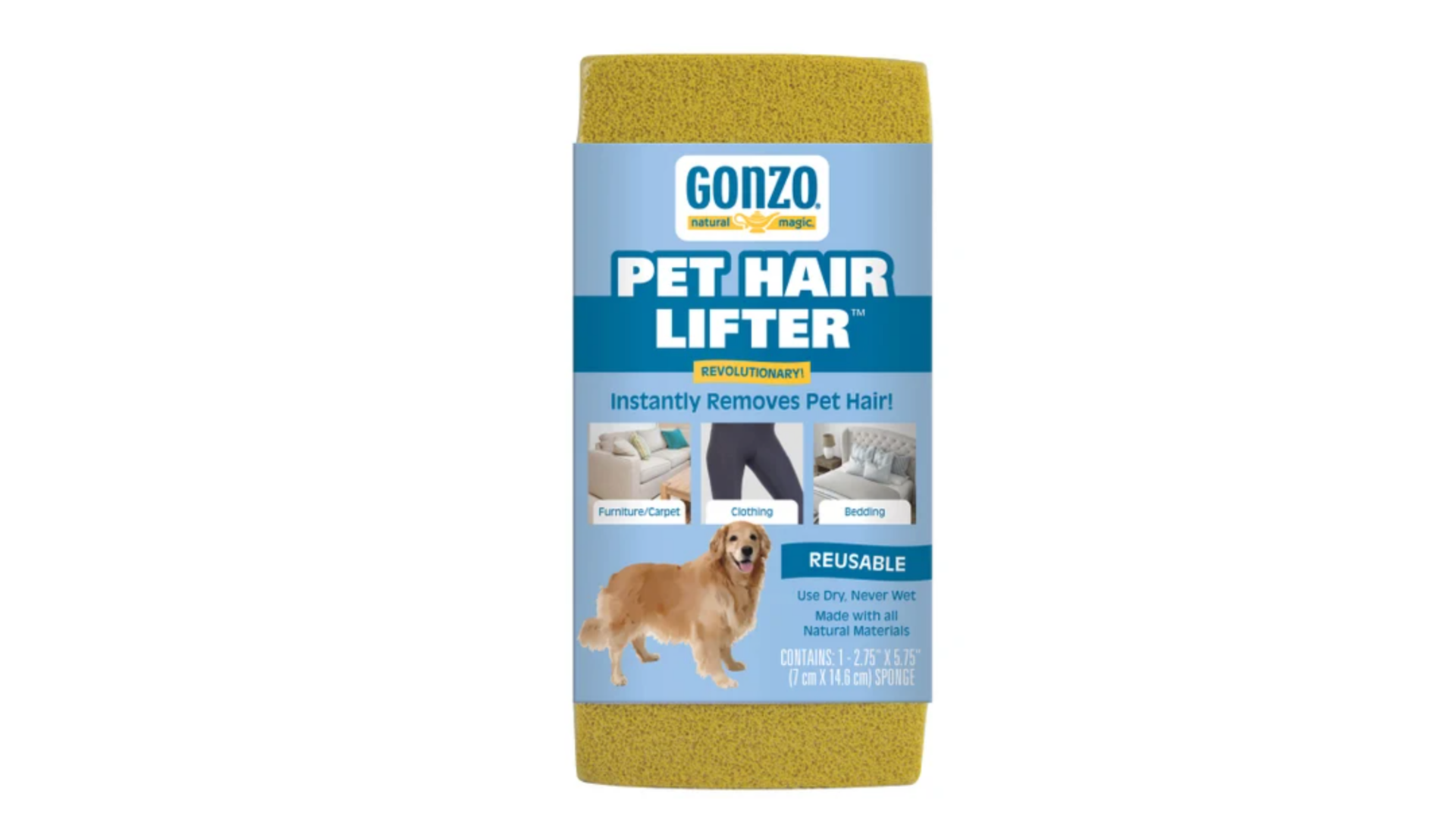 gonzo pet hair lifter sponge on white background for removing loose pet hair from soft couch upholstery fabric