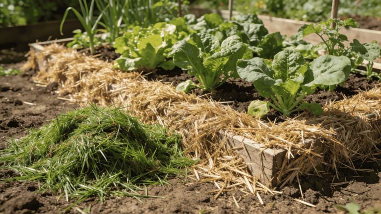 Grass clippings as mulch spread around vegetable plants to cover soil and retain moisture.