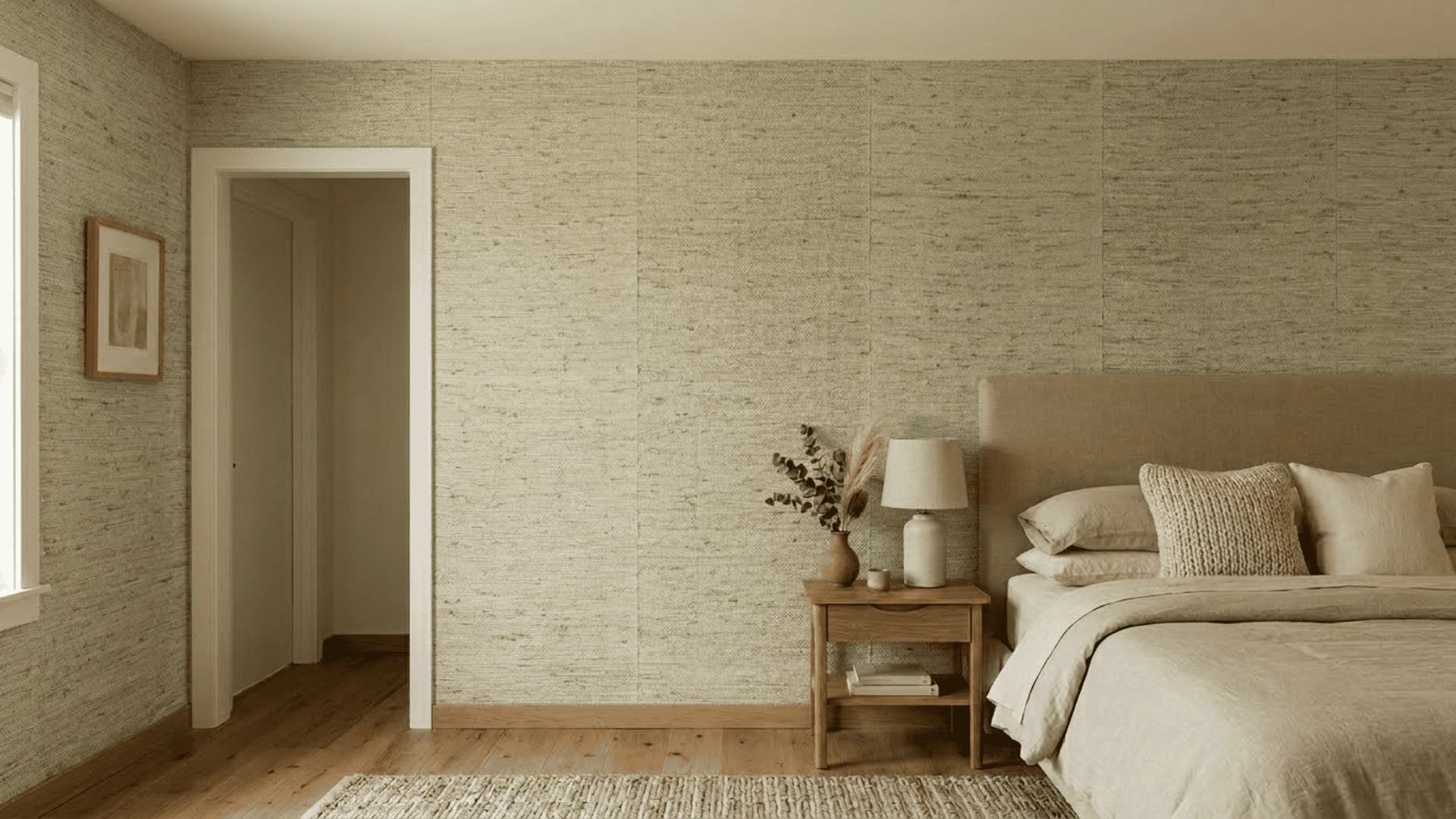 Bedroom featuring grass textured wall paneling, neutral bedding, wooden furniture, and minimalist decor.